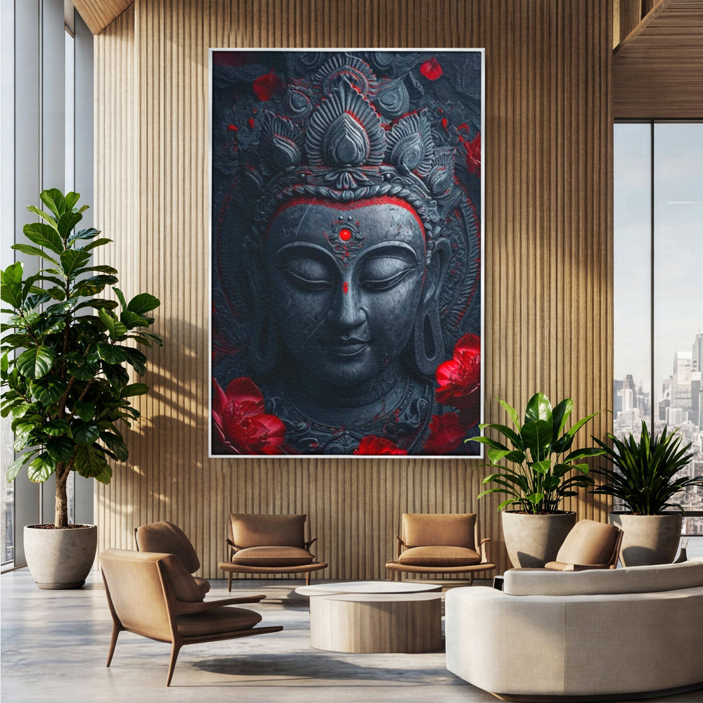 Tablou canvas cu tablou canvas cu capul lui buddha, in rama de aluminiu argintiu, pe perete intr-un birou